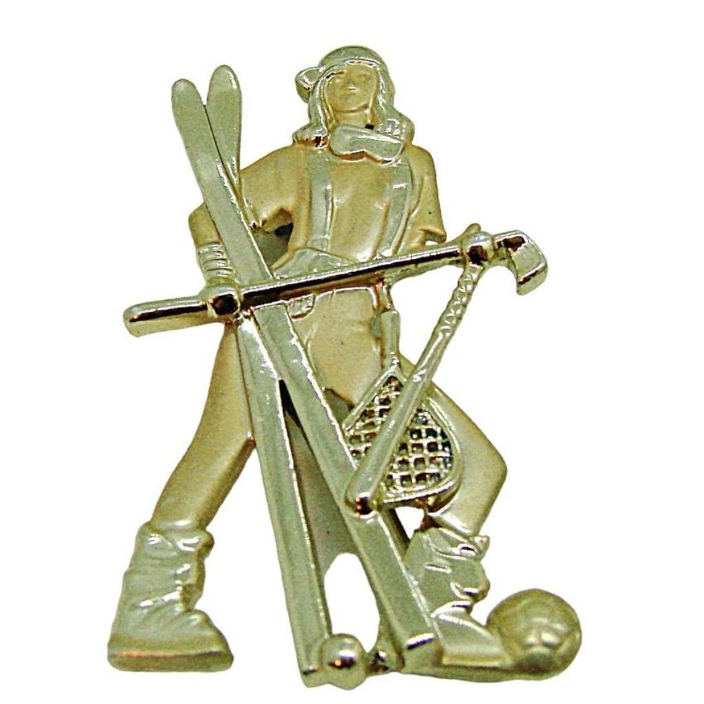 Vintage AJC Womens Golden Girl Tennis Soccer Golf Ski Hockey Brooch Pin 1.5X2.5"